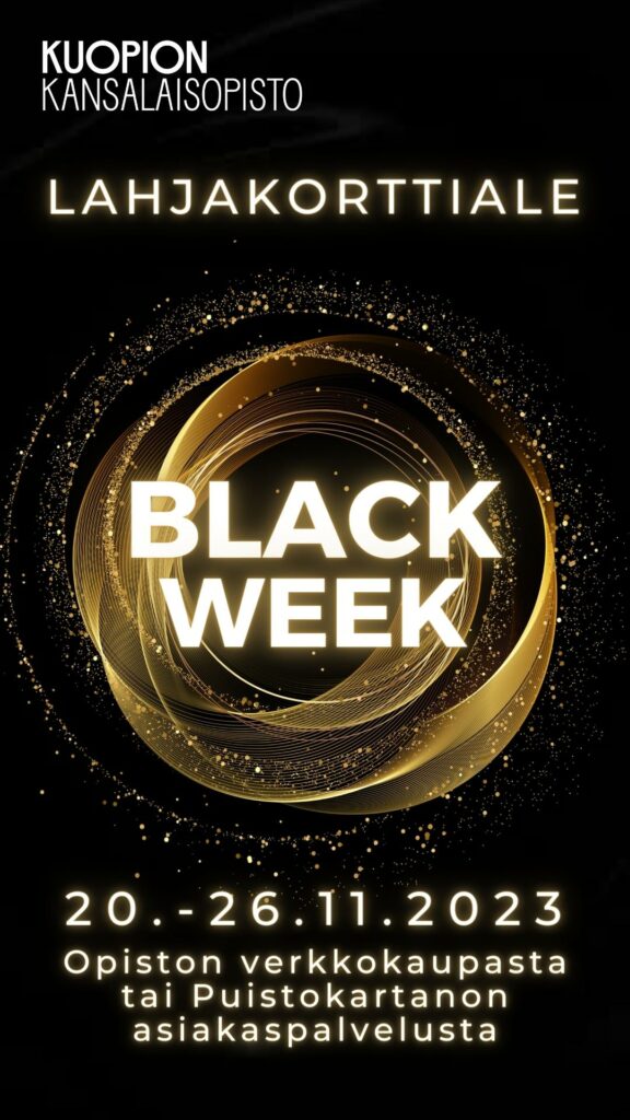 Kuopion kansalaisopisto. Black Week -lahjakorttiale 20.-26.11.2023. Kuvituskuva.