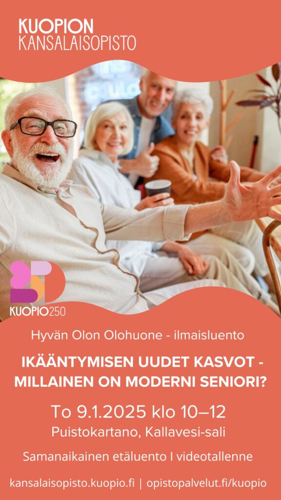 Kuopion kansalaisopisto. hyvän olon olohuone. Kevät 2025. Ikääntymisen uudet kasvot. Kuvituskuva.