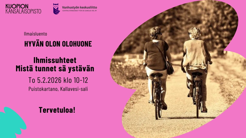 Hyvän Olon Olohuone. Ilmaisluento. Ihmissuhteet- Mistä tunnet sä ystävän. To 5.2.2026. Puistokartano. Kuvituskuva.