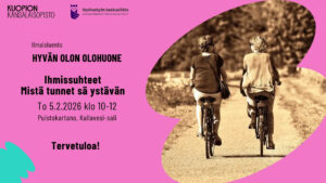 Hyvän Olon Olohuone. Ilmaisluento. Ihmissuhteet- Mistä tunnet sä ystävän. To 5.2.2026. Puistokartano. Kuvituskuva.