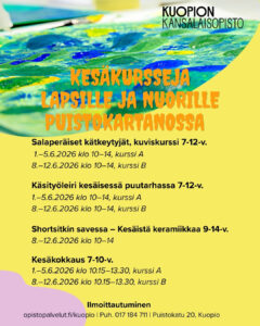 Kuopion kansalaisopisto. Kesäkursseja lapsille ja nuorille Puistokartanossa. Kuvituskuva.