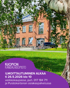 Kuopion kansalaisopisto. Ilmoittautuminen alkaa ti 26.5.2026 klo 10 verkkokaupassa, puh. 017 184 711 ja Puistokartanon asiakaspalvelussa. Kuvituskuva.