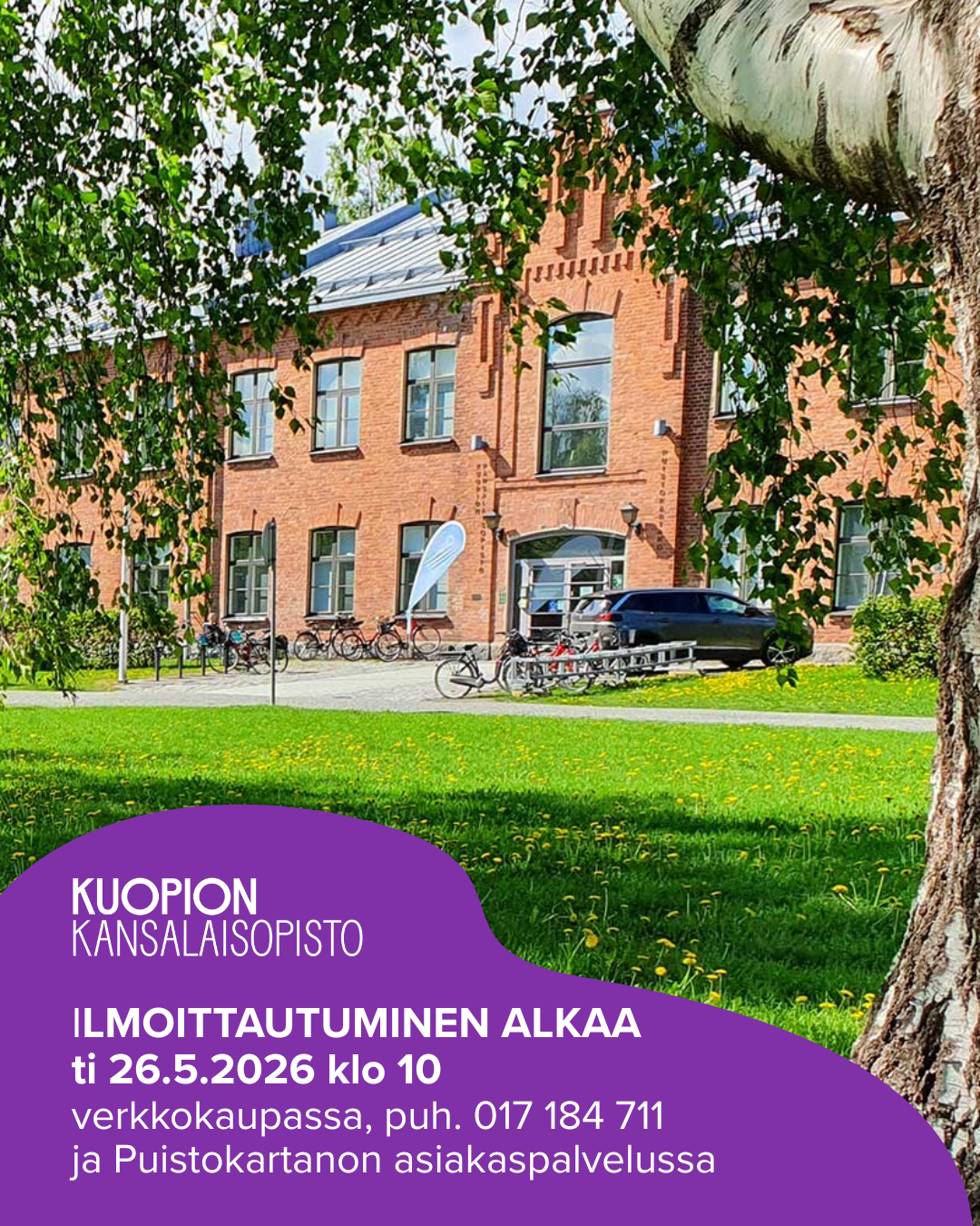 Kuopion kansalaisopisto. Ilmoittautuminen alkaa ti 26.5.2026 klo 10 verkkokaupassa, puh. 017 184 711 ja Puistokartanon asiakaspalvelussa. Kuvituskuva.