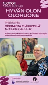 Kuopion kansalaisopisto. Hyvän olon olohuone ilmaisluento. Oppimista eläkkeellä 3.9.2026. Puistokartano. Kuvituskuva.